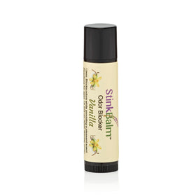 StinkBalm Odor Blocker tube being applied under the nose