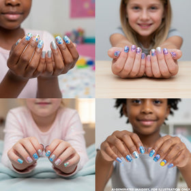 Stitch-themed nails displayed in a fun arrangement