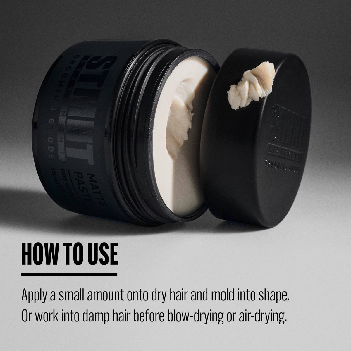 STMNT Matte Paste 3.38 oz side view with product details