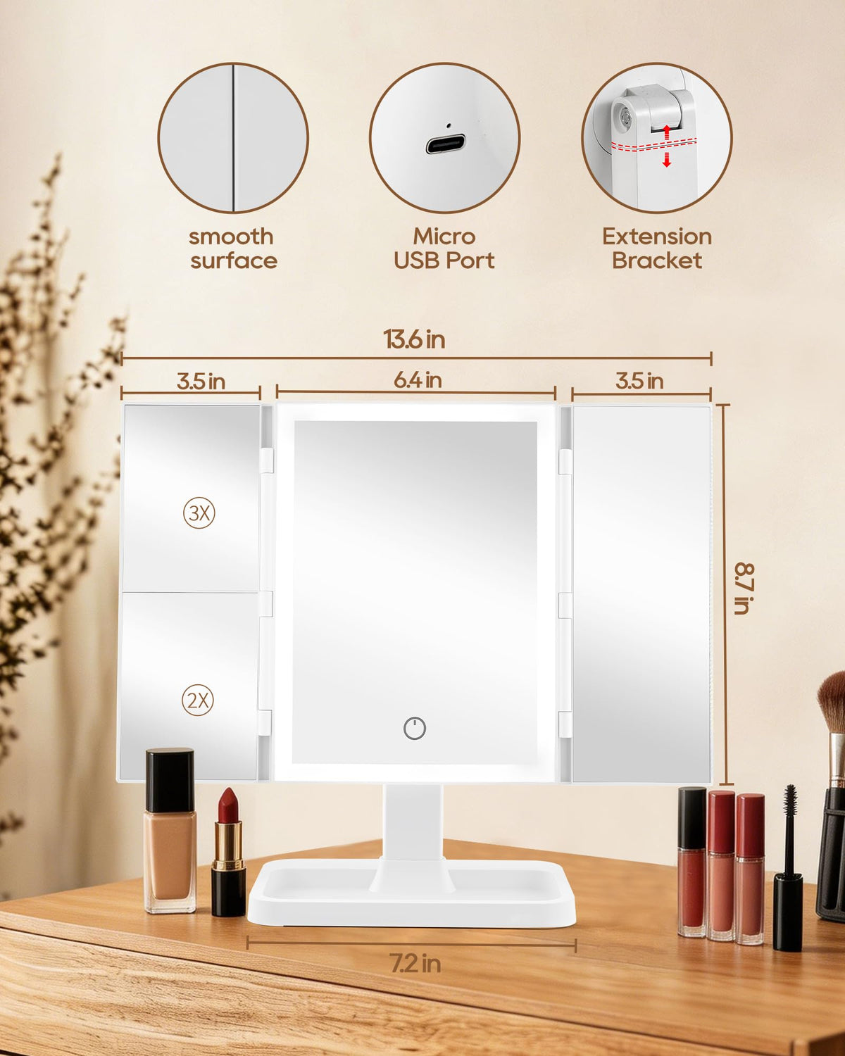Storage base of BWLLNI Trifold Vanity Mirror with cosmetics