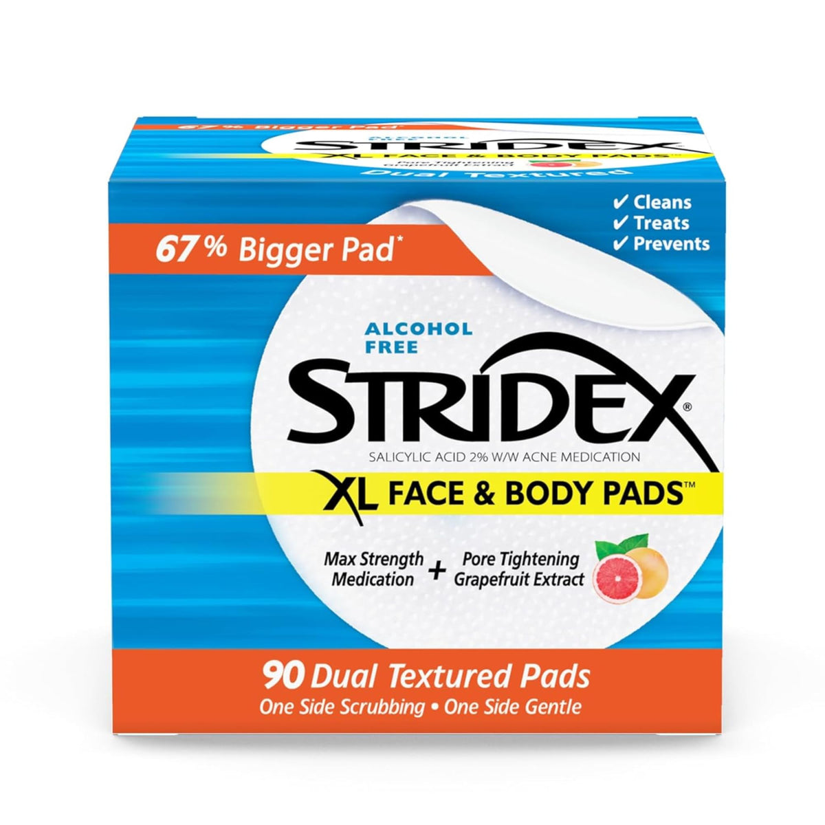 Stridex XL Face Body Pads 90 Ct front view with packaging