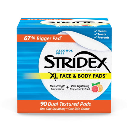 Stridex XL Face Body Pads 90 Ct front view with packaging
