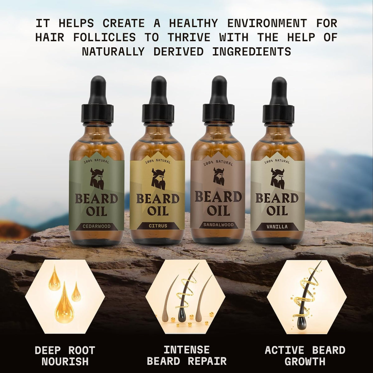 Striking Viking Beard Oil bottle with sandalwood scent
