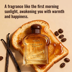 Sttes Caramel Toast Eau de Parfum with background of coffee and chocolate