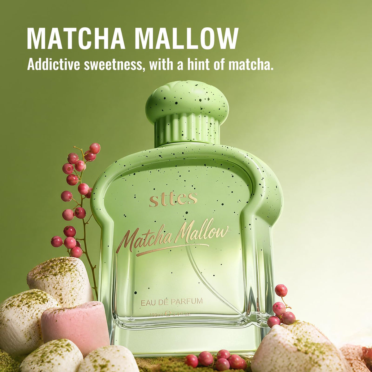 Sttes Matcha Mallow Eau de Parfum 100ml side view showcasing the elegant design