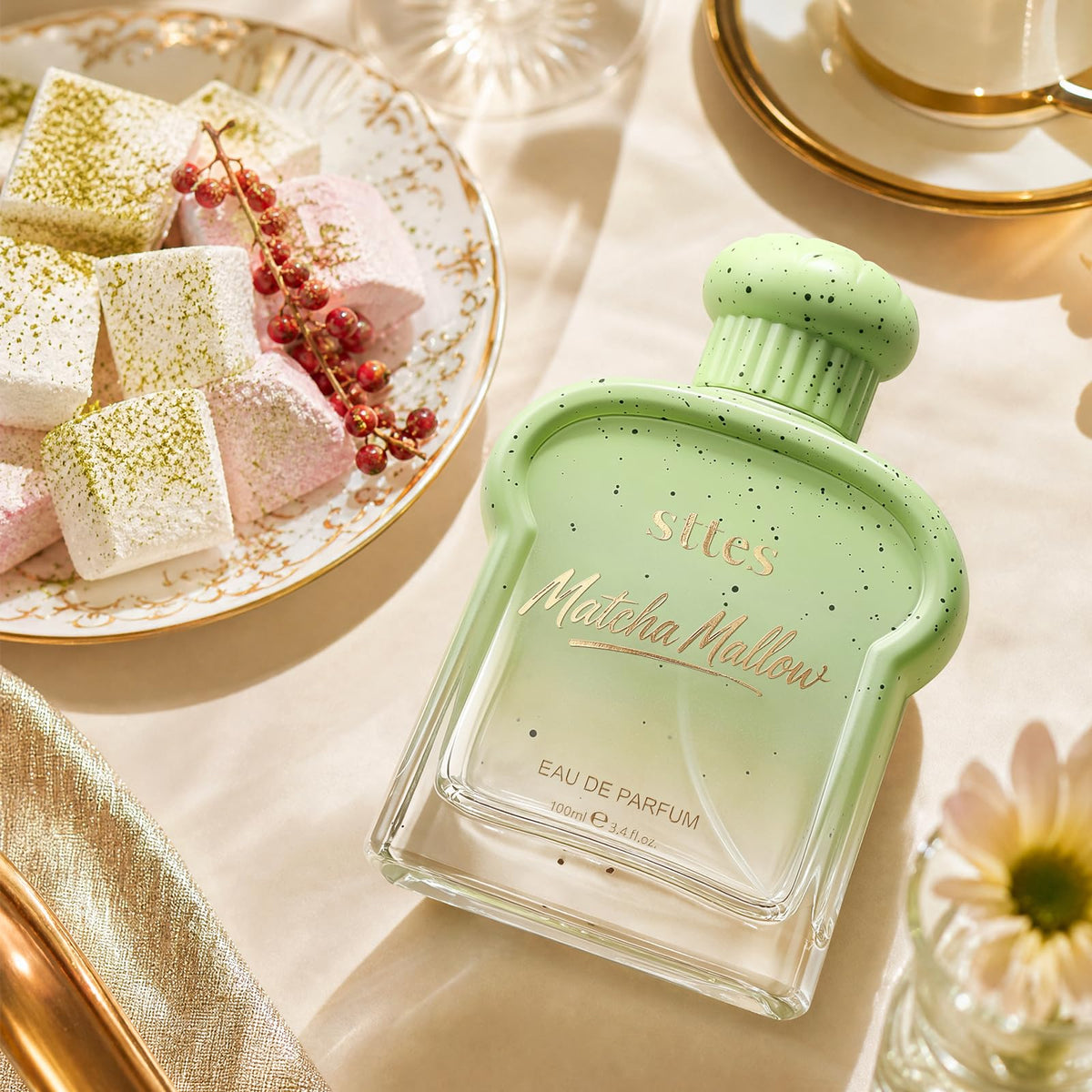 Sttes Matcha Mallow Eau de Parfum 100ml with floral background