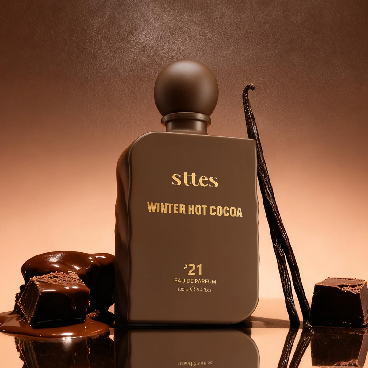 Sttes Perfume #21 bottle with warm cocoa background