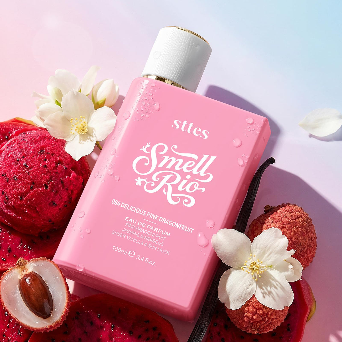 Sttes Smell Rio 08 Eau de Parfum bottle with hibiscus flowers