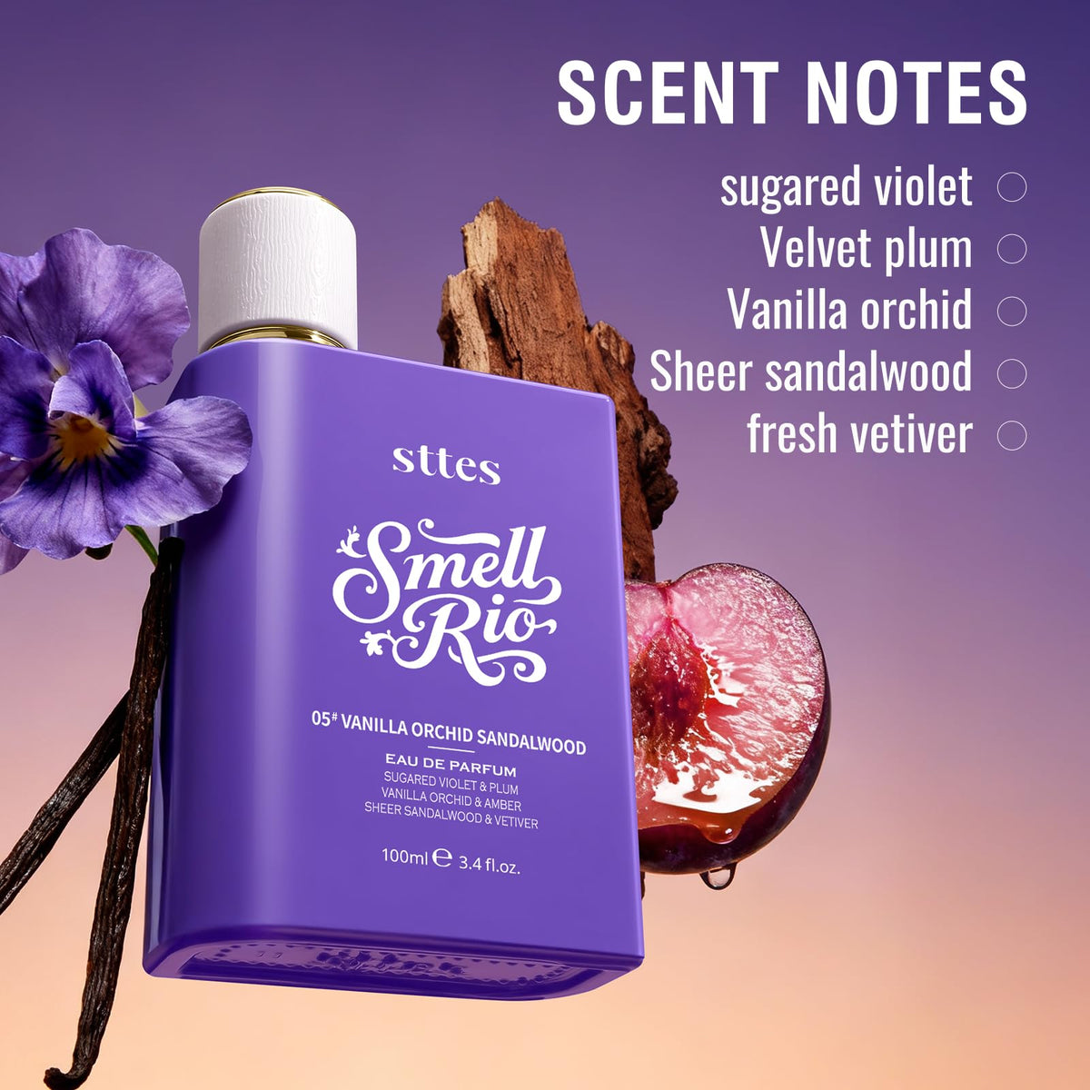 Sttes Smell Rio Eau De Parfum purple bottle with textured white cap