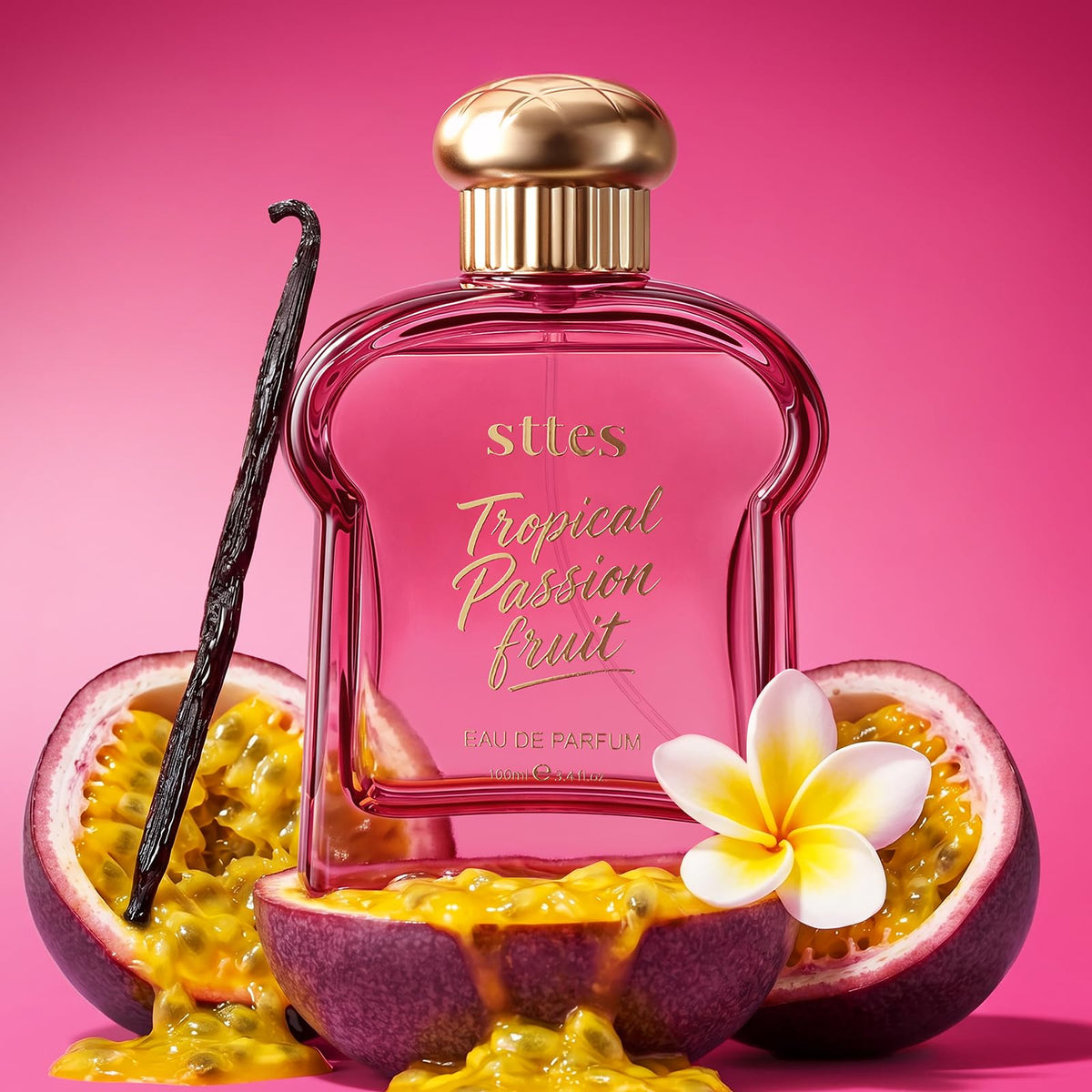 Sttes Tropical Passion Fruit Eau de Parfum bottle surrounded by flowers