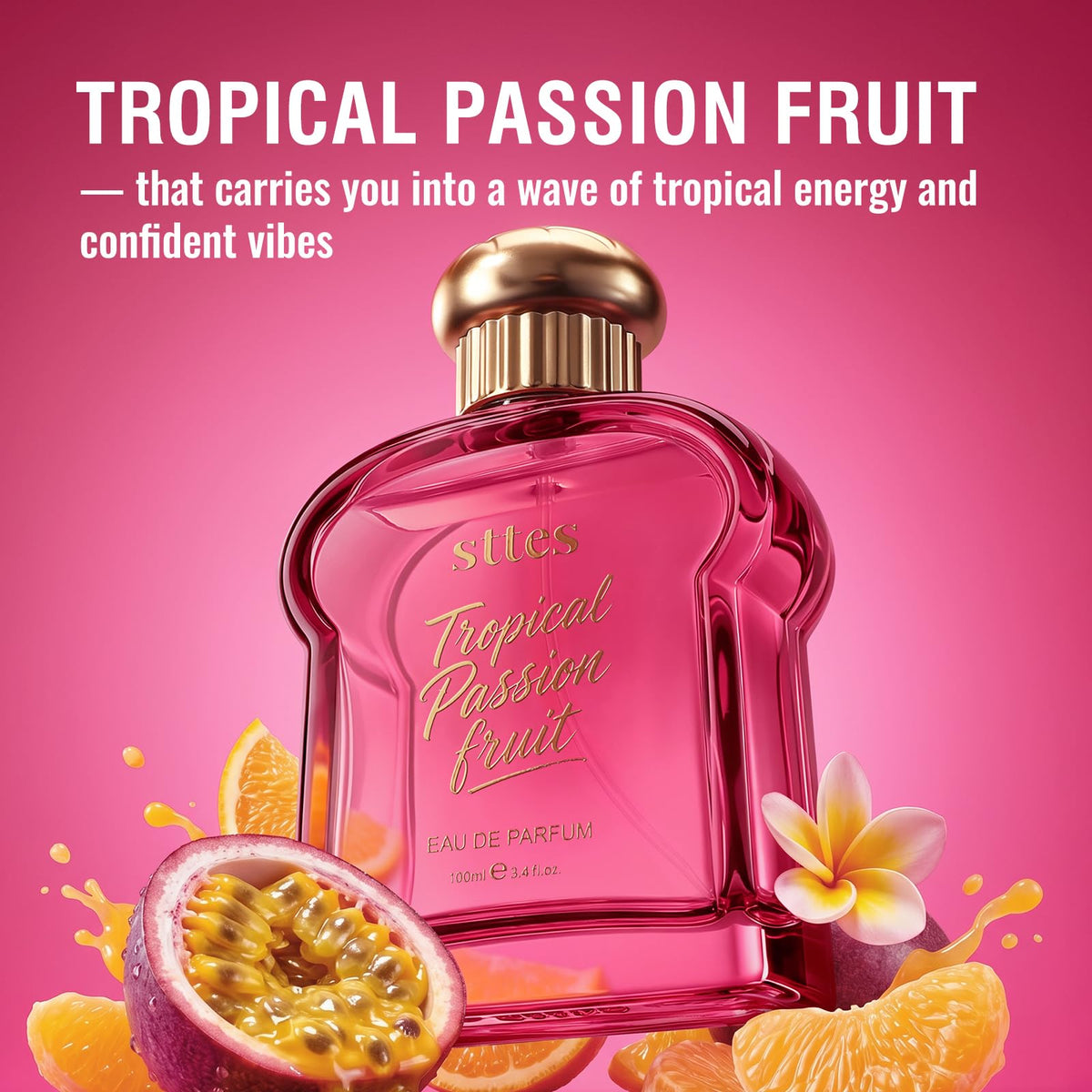 Sttes Tropical Passion Fruit Eau de Parfum bottle with vibrant pink design