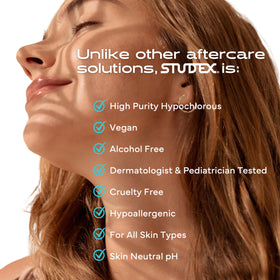 Studex Advanced 2-in-1 Piercing Aftercare spray being applied to ear piercing