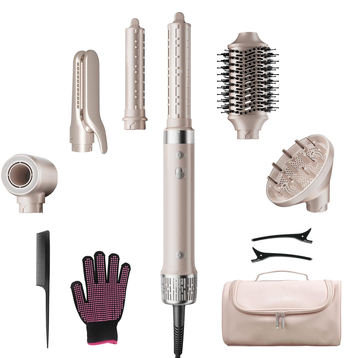 StyleVibe 6-in-1 Air Styler front view with attachments