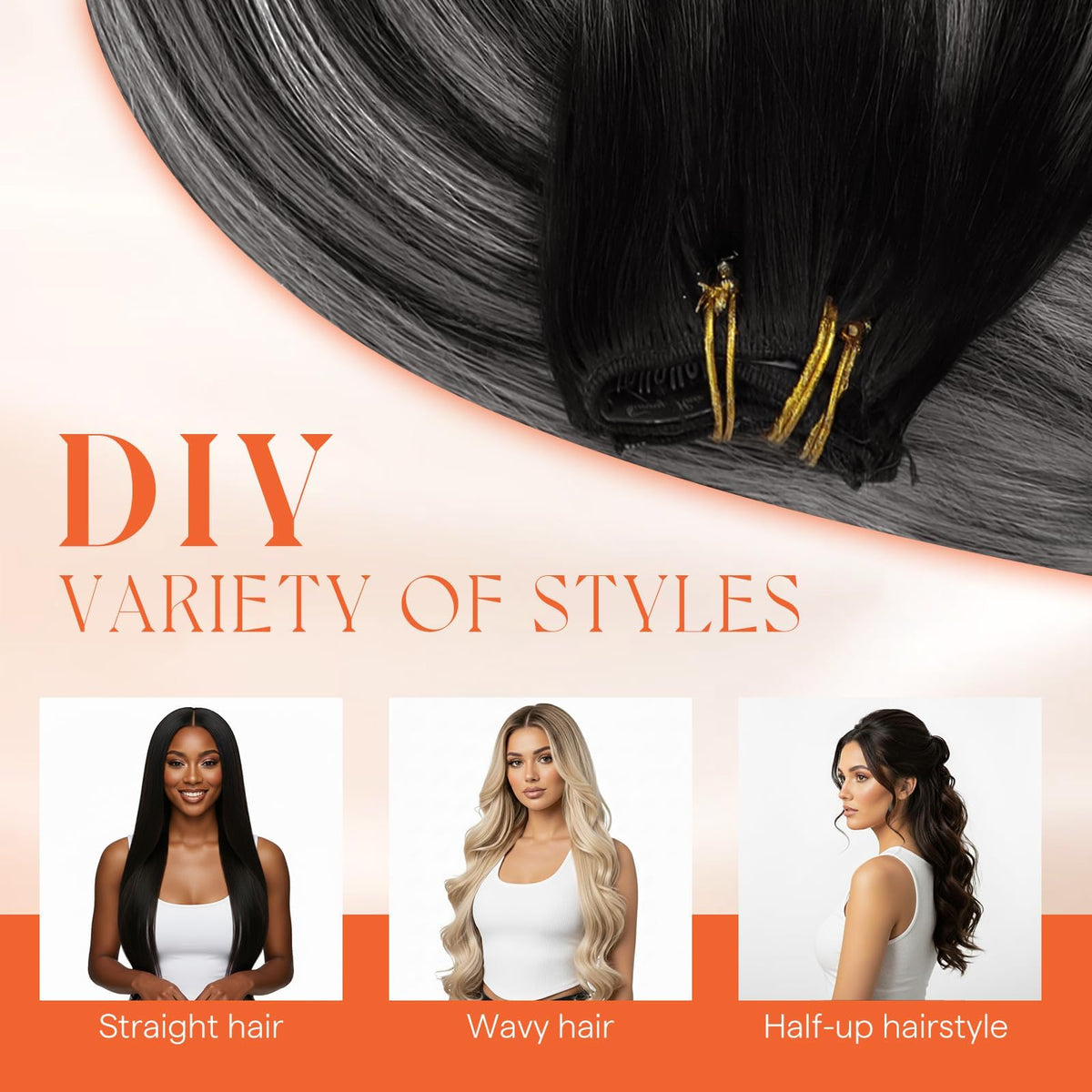 Styling tools next to Sunny Hair extensions on a table