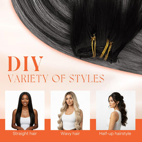 Styling tools next to Sunny Hair extensions on a table