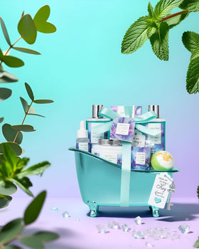Stylish basket containing Saint Roy Bath and Body products