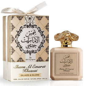 Stylish bottle of Shams Al Emarat Khususi Glaze & Glow Eau de Parfum