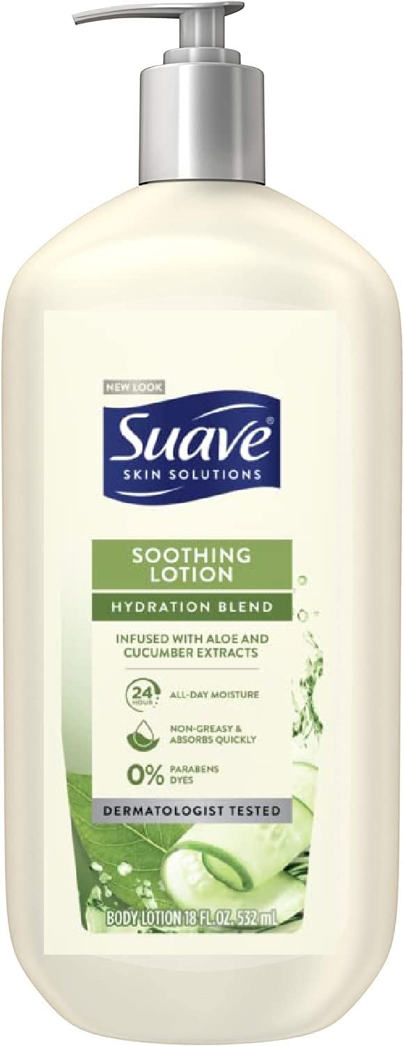 Suave Body Lotion Soothing Aloe 32 oz front view with cucumber and aloe ingredients