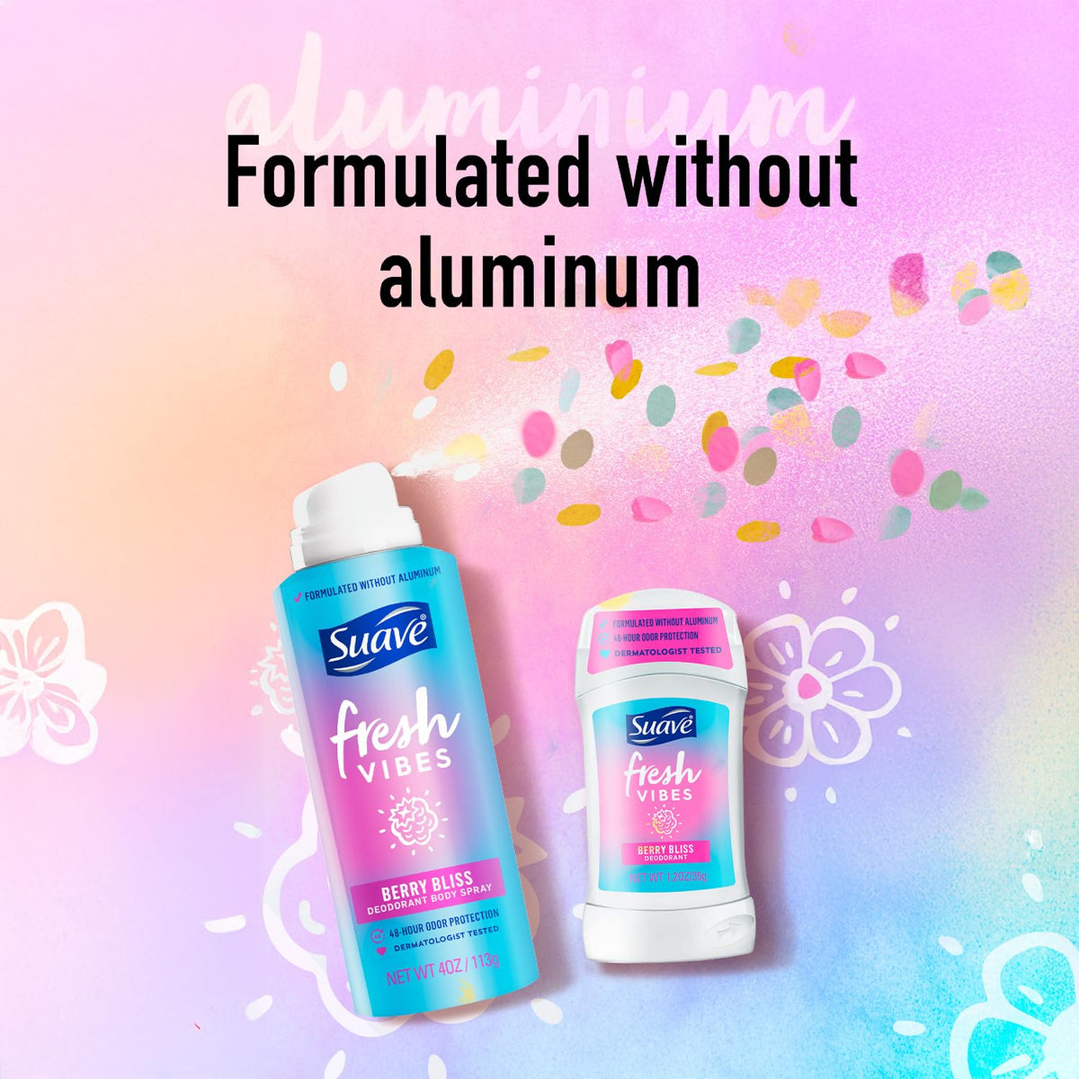 Suave Deodorant sticks with fruity scents displayed