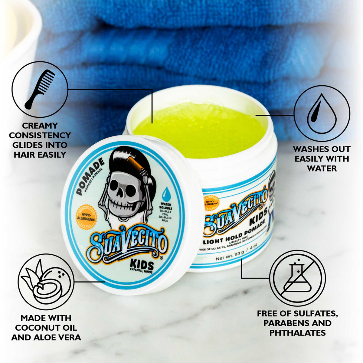 Suavecito Kid's Pomade 4 oz packaging with details