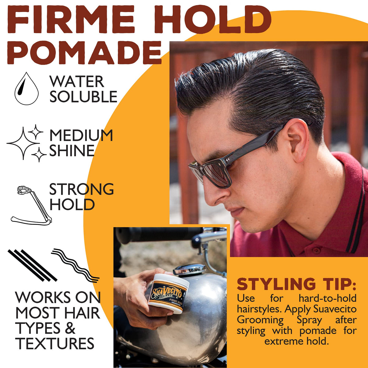 Suavecito Pomade Firme 5 oz with hair styling tools