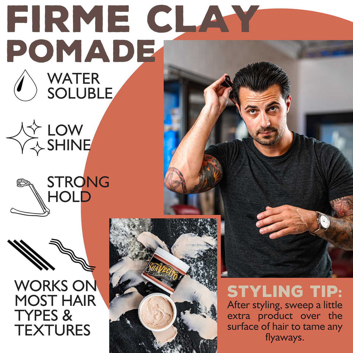 Suavecito Pomade Firme Clay 4 oz application on hair