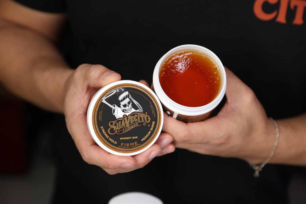 Suavecito Pomade Firme Hold 4 oz application on hair
