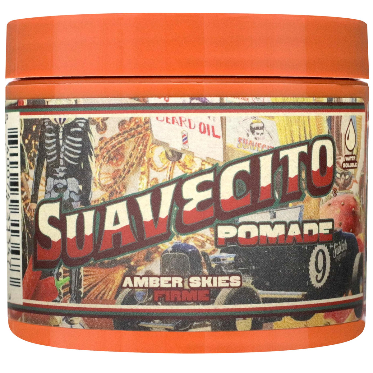 Suavecito Pomade Firme Hold 4 oz front view with Amber Skies design