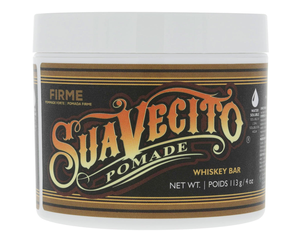 Suavecito Pomade Firme Hold 4 oz front view with whiskey bar scent