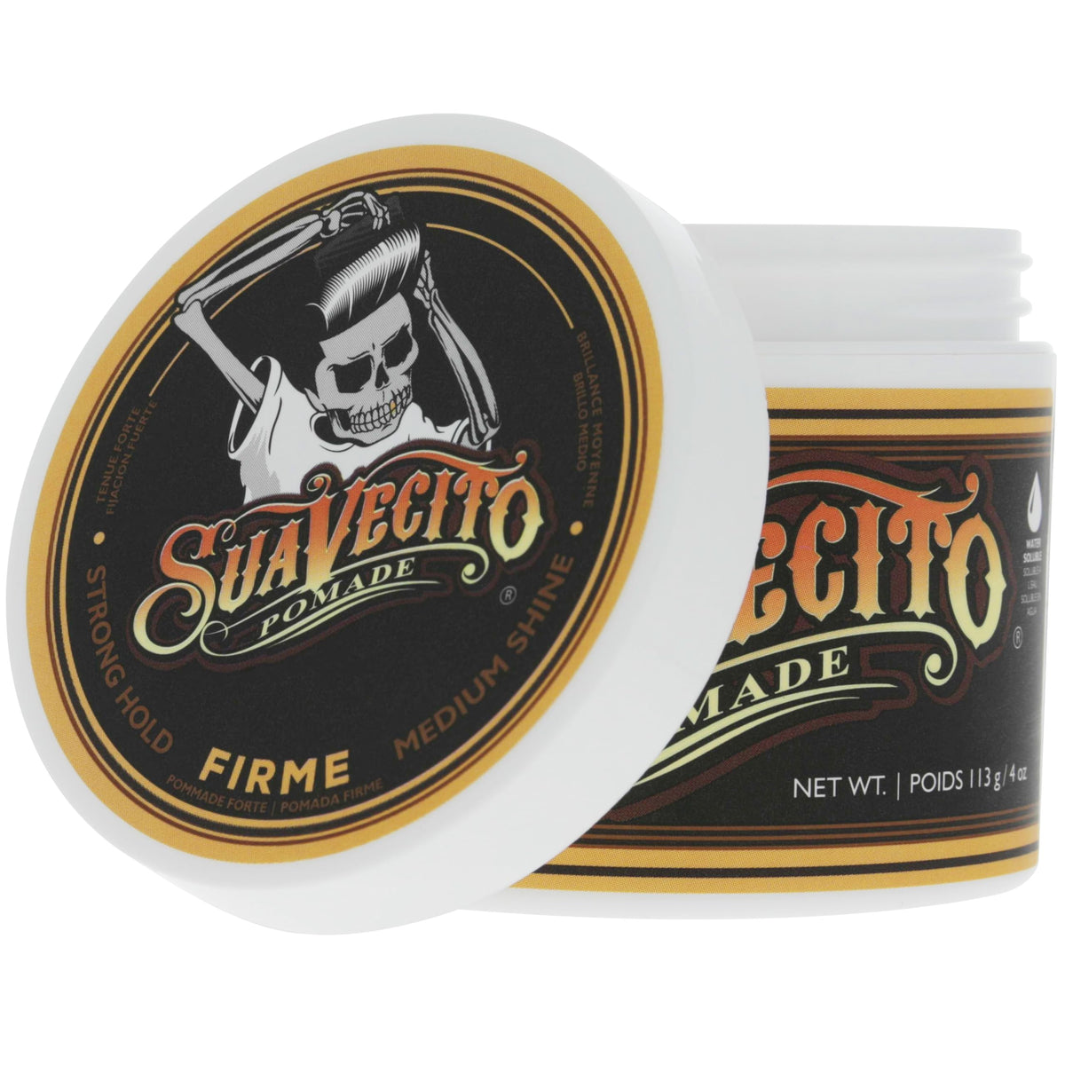 Suavecito Pomade Firme Hold on a bathroom shelf