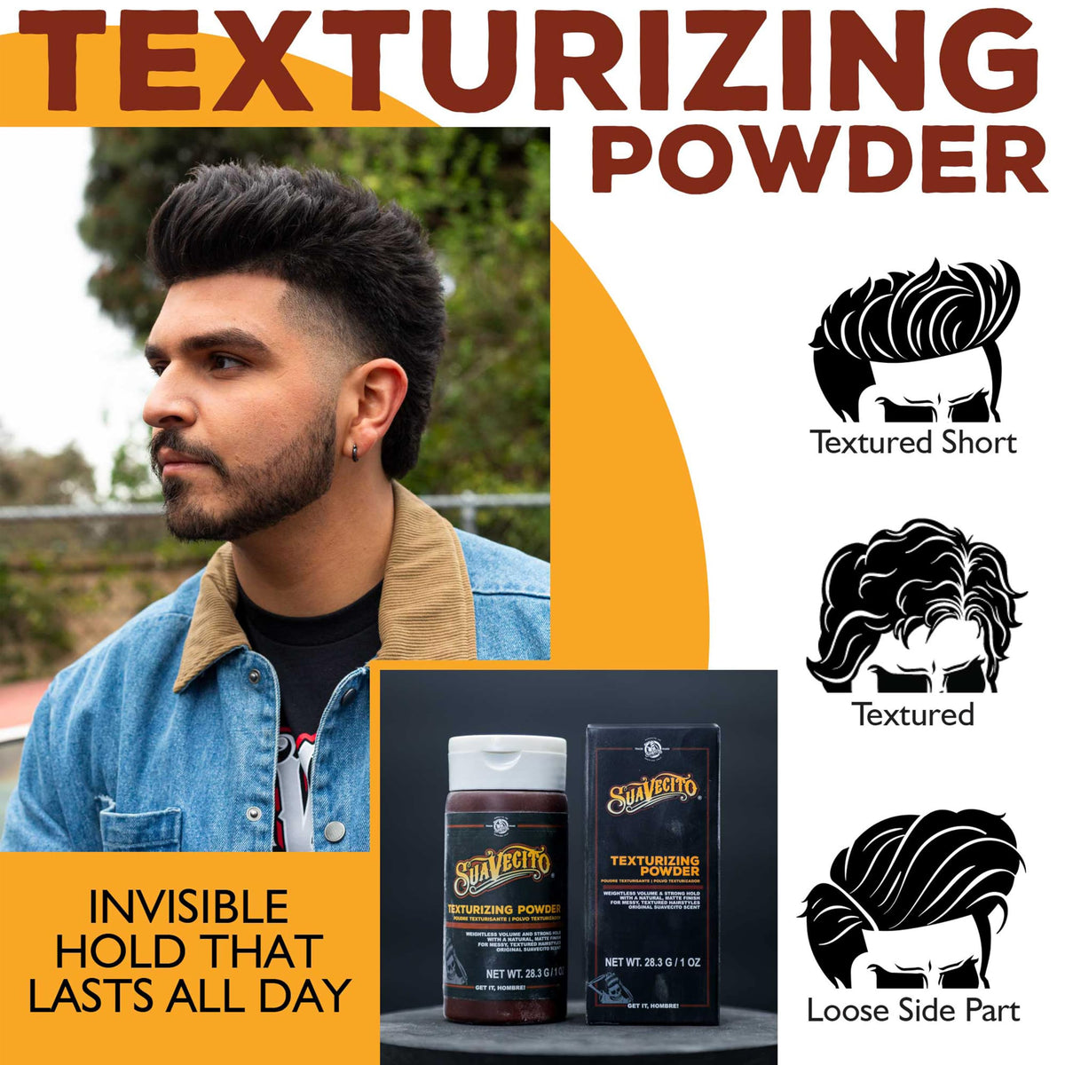 Suavecito Pomade hair styling powder in use on styled hair