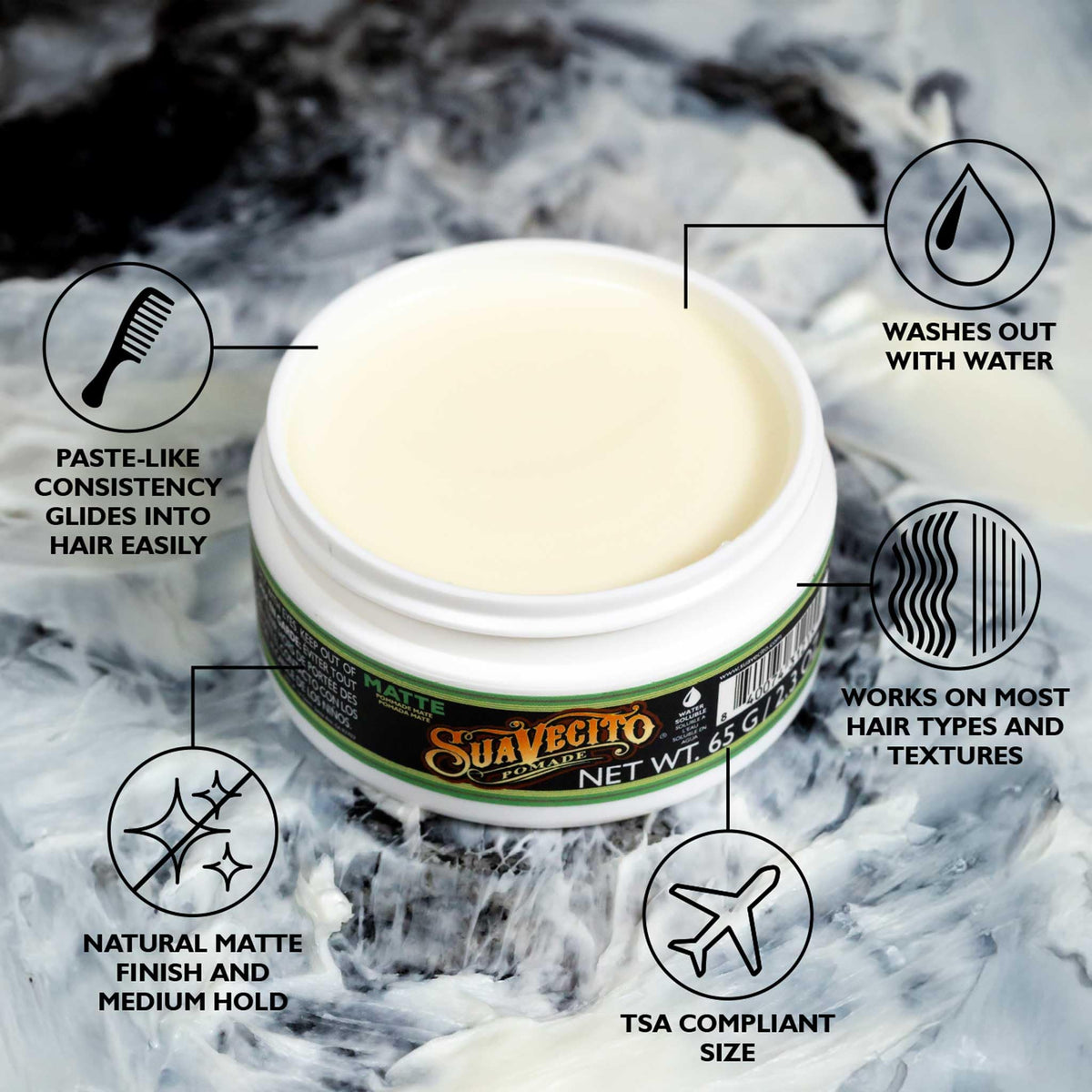 Suavecito Pomade Matte 2.3 oz showing creamy texture