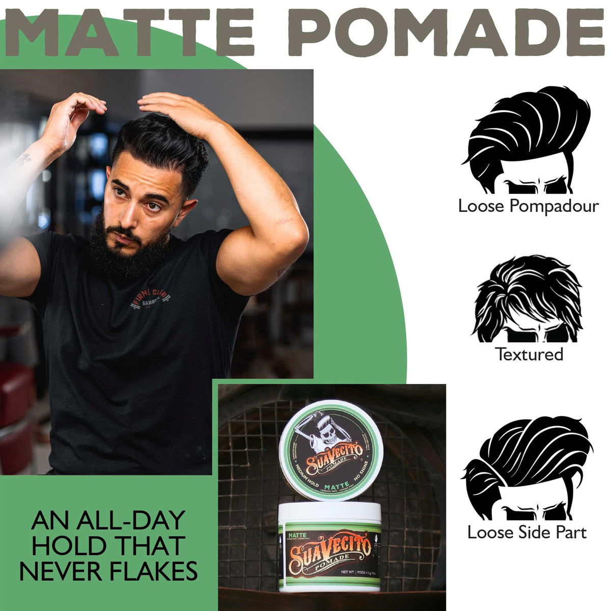 Suavecito Pomade Matte 4 oz with application on hair