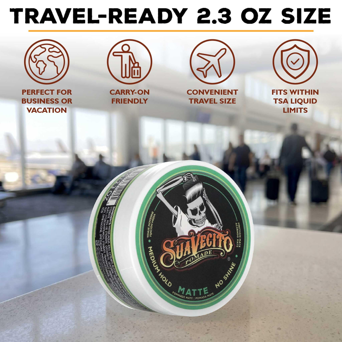 Suavecito Pomade Matte with travel essentials