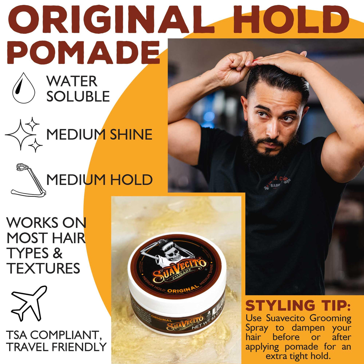 Suavecito Pomade Original Hold 2.3 oz on grooming table