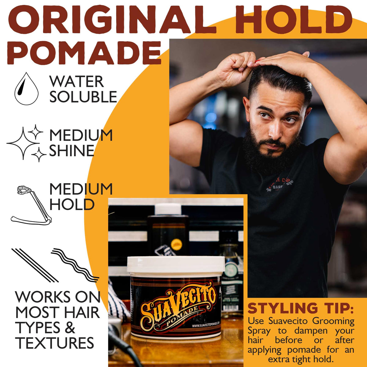 Suavecito Pomade Original Hold Pomade 32 oz on a bathroom shelf