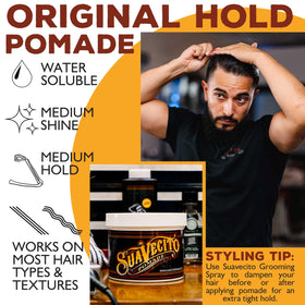 Suavecito Pomade Original Hold Pomade 32 oz on a bathroom shelf