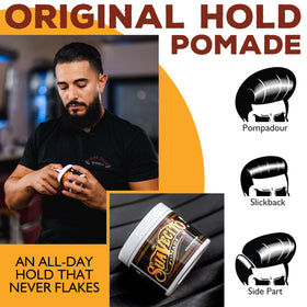 Suavecito Pomade Original used in a slick back hairstyle