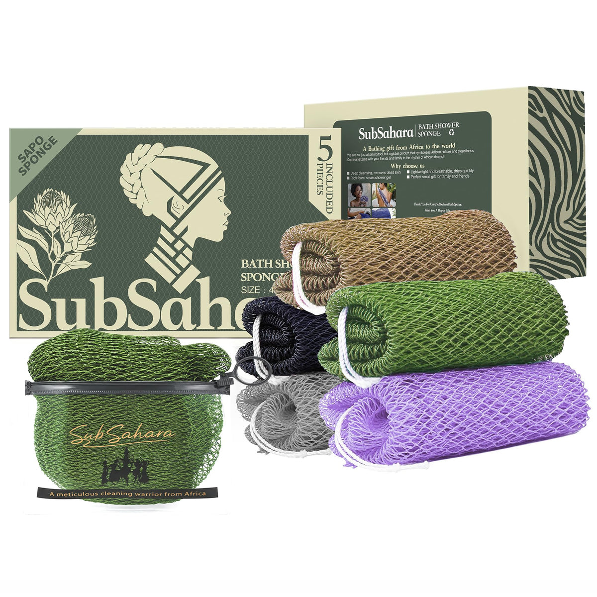 SubSahara Authentic African Net Sponge 5 Pack with vibrant colours