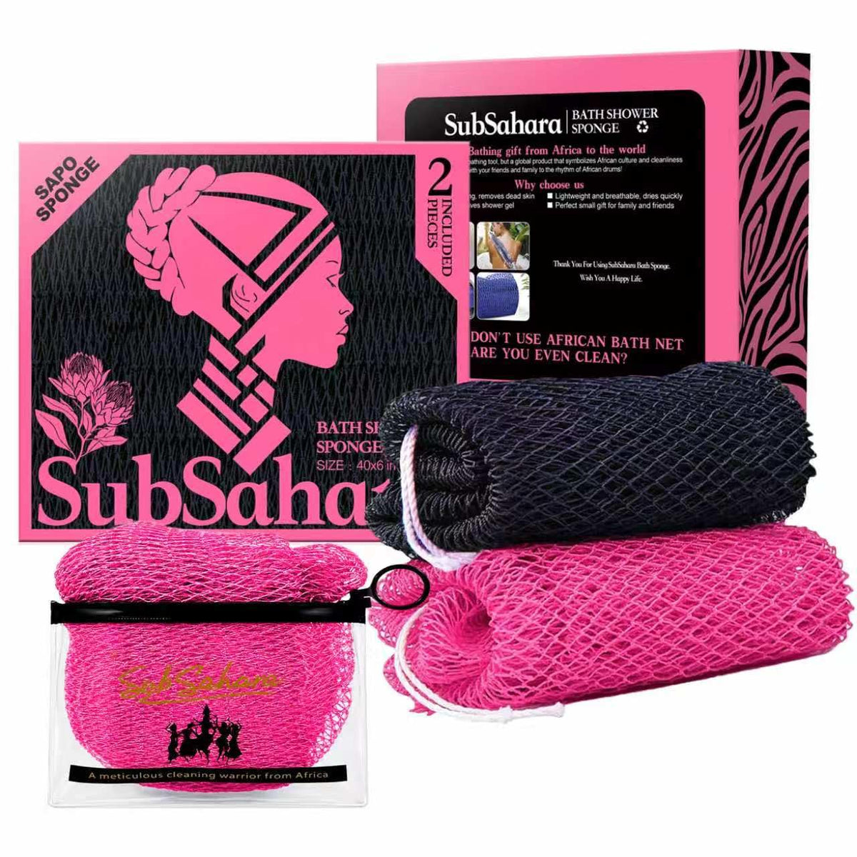 SubSahara Authentic African Net Sponge front view in black and pink
