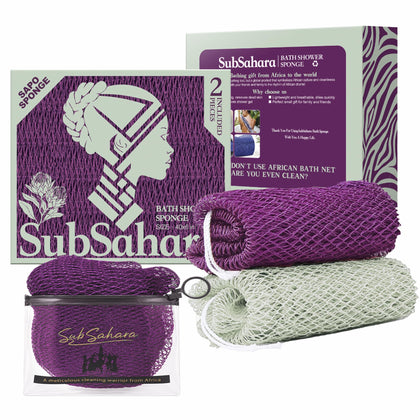 SubSahara Authentic African Net Sponge in Berry and Sage Green front view