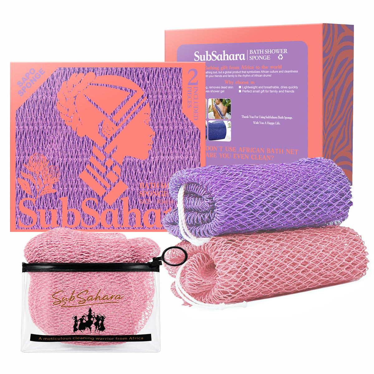 SubSahara Authentic African Net Sponge in blush pink and lavender purple front view