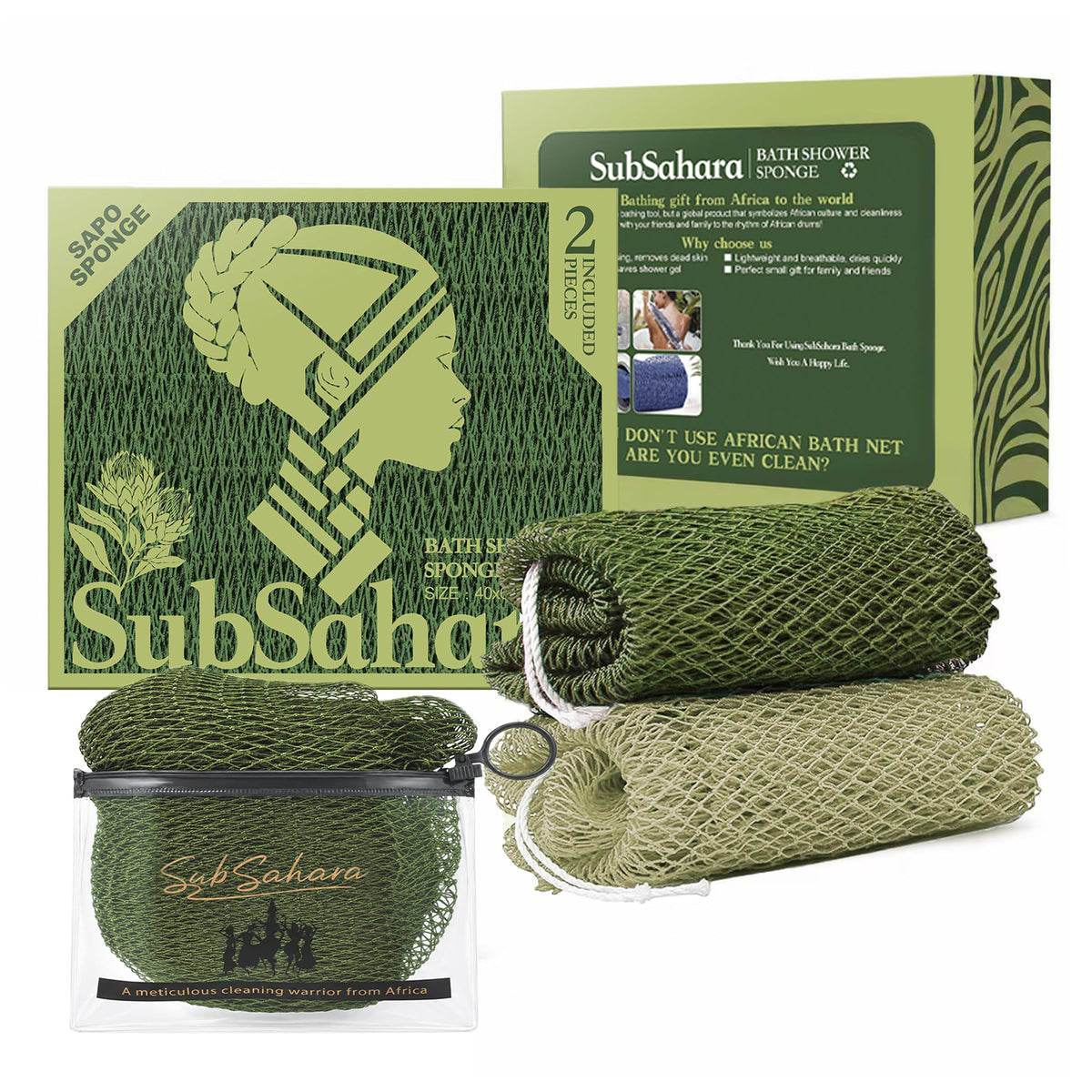SubSahara Authentic African Net Sponge in Olive Green and Light Green front view