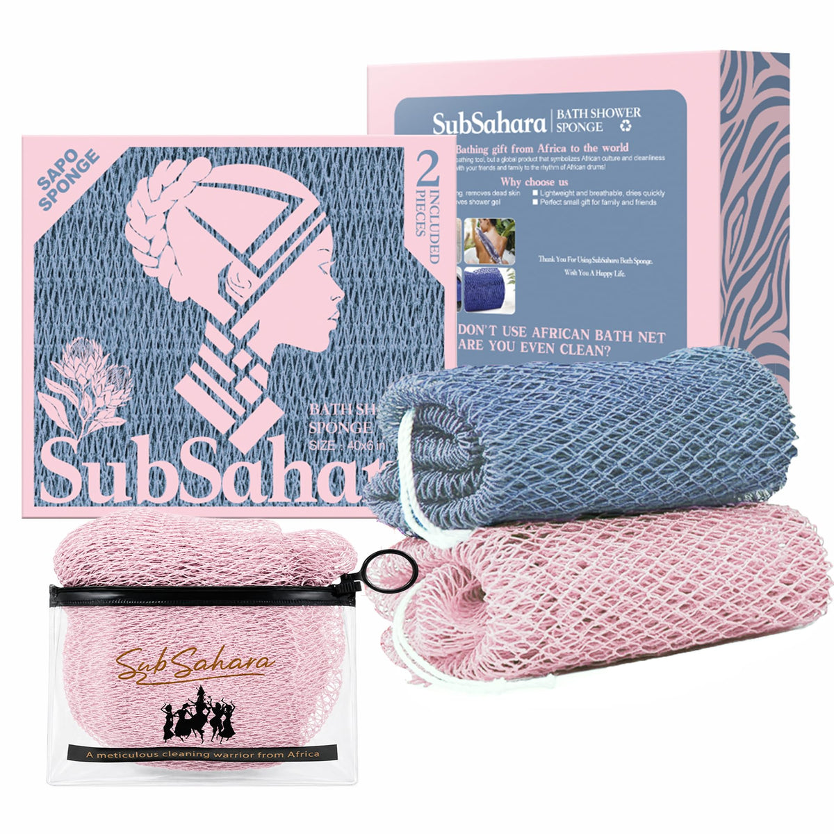 SubSahara Authentic African Net Sponge in Slate Blue and Bean Paste Pink front view