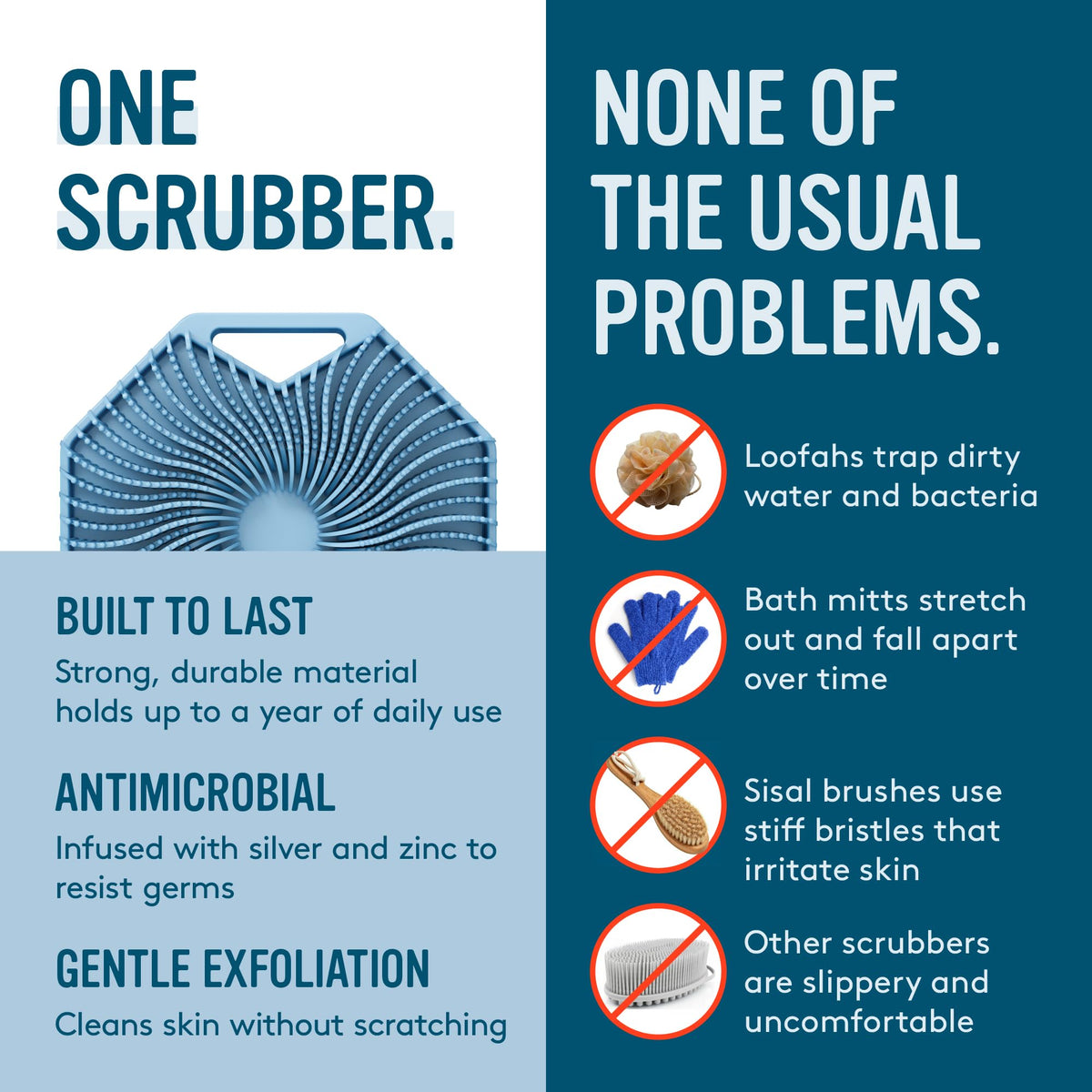 Sud Scrub Antimicrobial Body Scrubber in bathroom setting