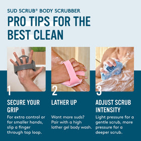 Sud Scrub Antimicrobial Body Scrubber on shower shelf