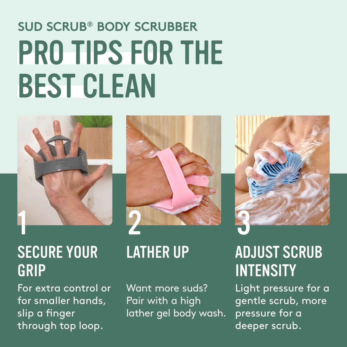 Sud Scrub Antimicrobial Silicone Body Scrubber displayed with other bath accessories