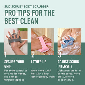 Sud Scrub Antimicrobial Silicone Body Scrubber displayed with other bath accessories