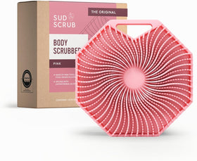 Sud Scrub Antimicrobial Silicone Body Scrubber front view in pink