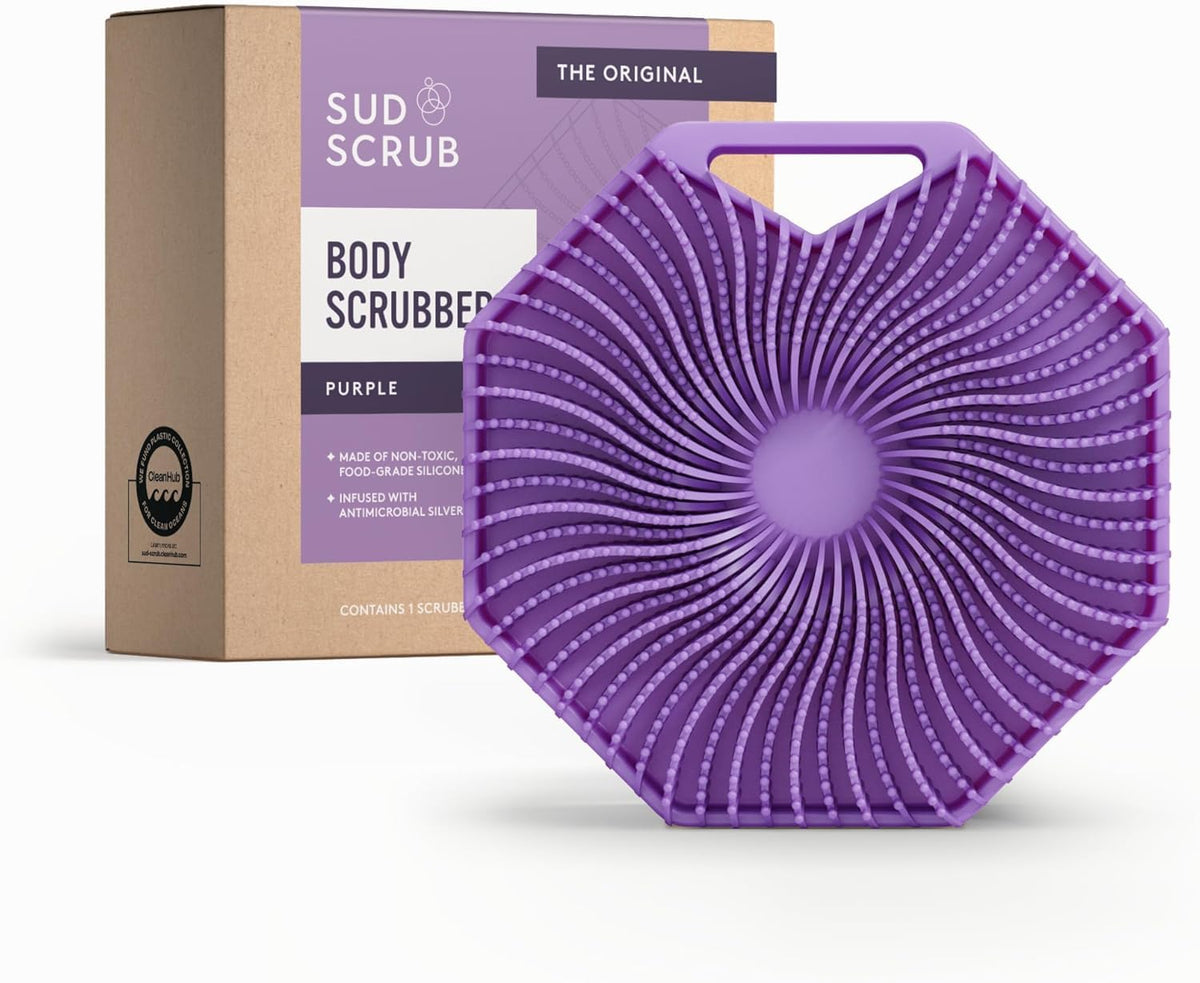 Sud Scrub Antimicrobial Silicone Body Scrubber front view in purple